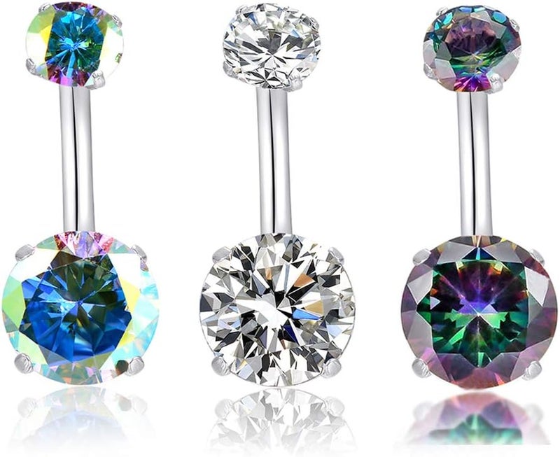 HQLA 14G Belly Button Rings Surgical Stainless Steel Round Cubic Zirconia Navel Barbell Stud Body Piercing - Image 1